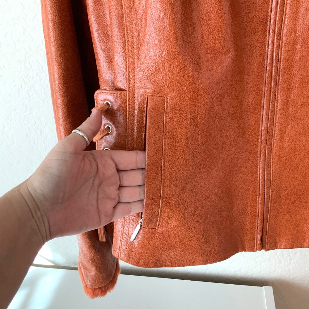 RARE! Y2K VINTAGE Leather! XOXO Womens Bomber Jacket Lace Up Moto Size XL - Picture 4 of 14